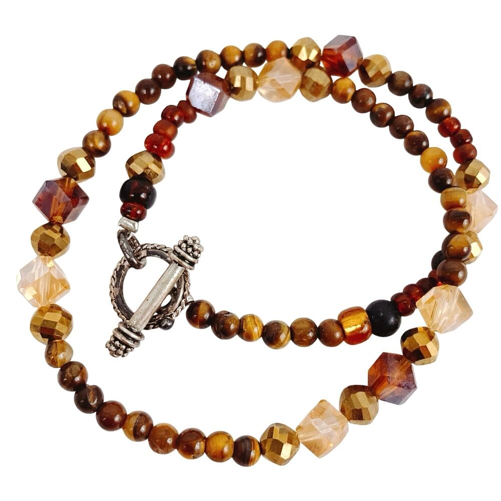 Vintage Tiger Eye Gemstone Necklace Amber Glass Beaded Choker Silver Tone Toggle